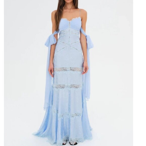 NEW FOR LOVE AND LEMONS RITA BLUE SILK JACQUARD MAXI LACE GOWN DRESS SIZE XL - Picture 1 of 12